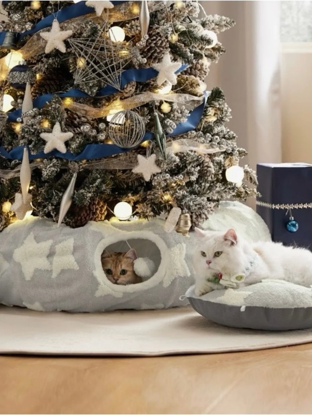 BEDSURE Plush Star-Print Cat Bed & Tunnel - GREY STARS ⭐️❗️🐾🐈‍⬛